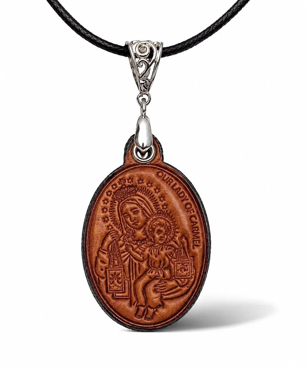 I G J CIONDOLO SCAPOLARE MADONNA MONTE CARMELO/SACRO CUORE DI GESU' CON LACCIO IN CORDA - REALIZZATA ARTIGIANALMENTE IN VERO CUOIO - 100% MADE IN ITALY
