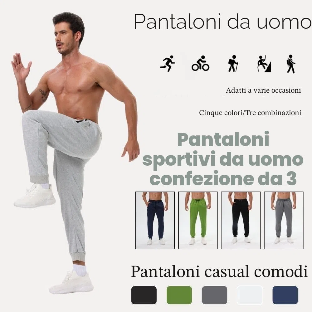 Confezione da 3 pantaloni sportivi da uomo con tasche con cerniera, pantaloni da allenamento da palestra per corsa e jogging