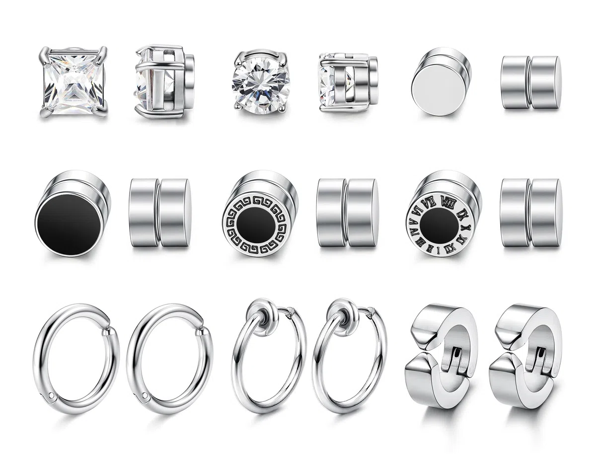 MILACOLATO 9 paia Orecchini Magnetici per Uomo Donna Argento Non Forato 316L Orecchini Magnetici in Acciaio Inossidabile CZ Magnete clip su Orecchini Finti Set Nero/Argento