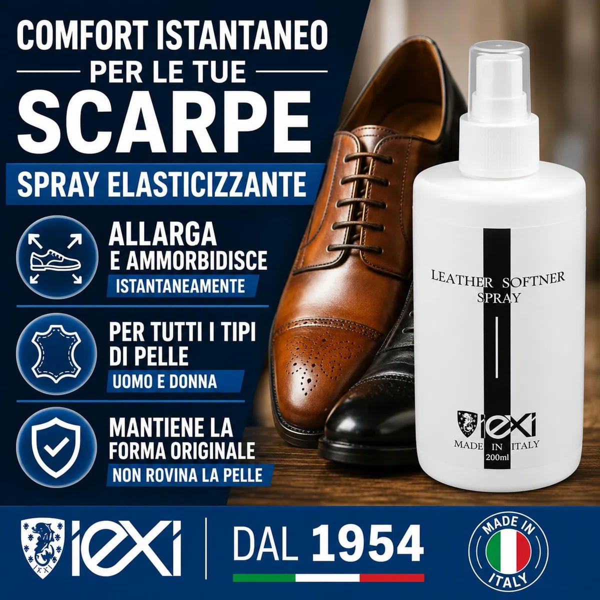 IEXI Leather Softner Allarga Scarpe Spray, Made in Italy - Formato 200 ml - Elasticizzante Istantaneo per tutti i tipi di Calzature Uomo e Donna in Vera Pelle - Ammorbidente Pelle Scarpe