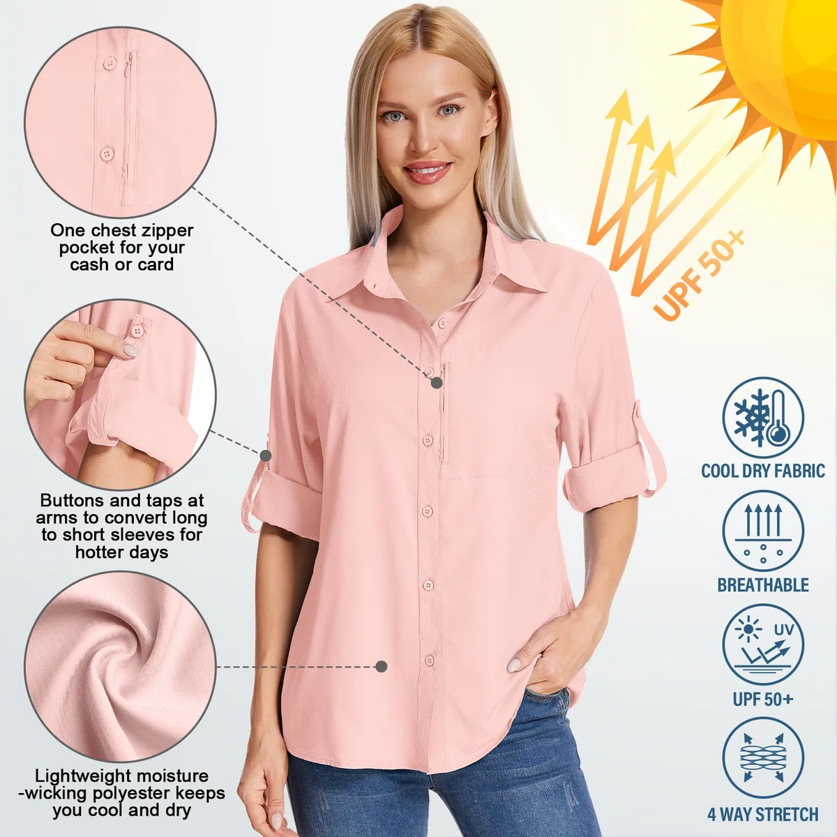 yeyity Camicia da donna con protezione UV, a maniche lunghe, ad asciugatura rapida, per escursioni, per vacanze in spiaggia, elegante