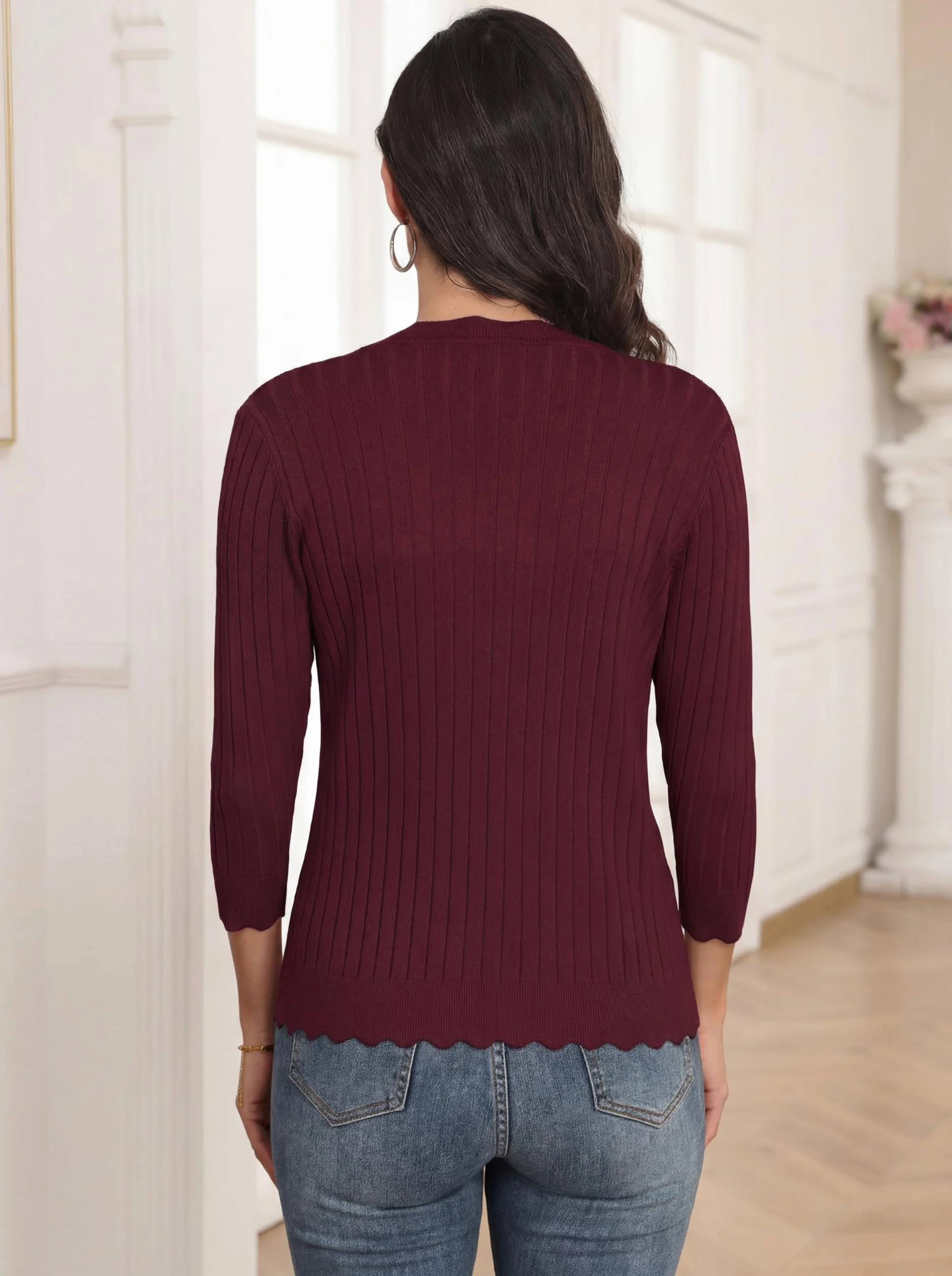 GRECERELLE Cardigan da donna con maniche a 3/4, elegante cardigan con orlo ondulato, scollo a V, giacca leggera a costine per l'estate e le mezze stagioni