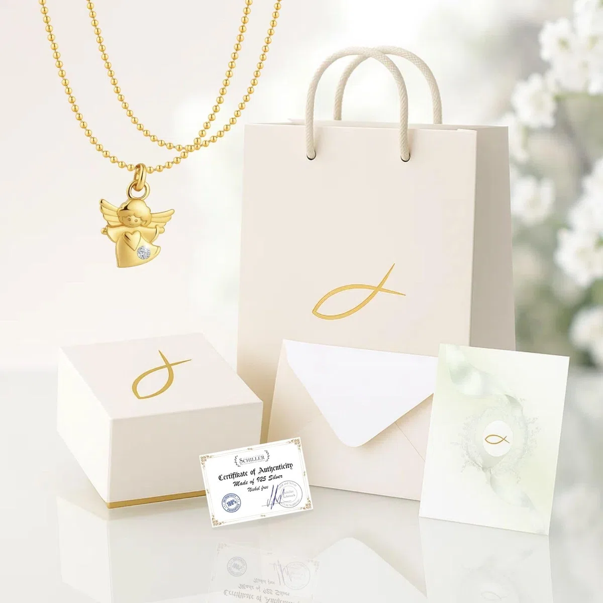 fish Collana battesimo/ragazzo/argento/oro, ciondolo a forma di angelo custode, per bambini, regalo per battesimo, nascita, biglietto di auguri e confezione regalo