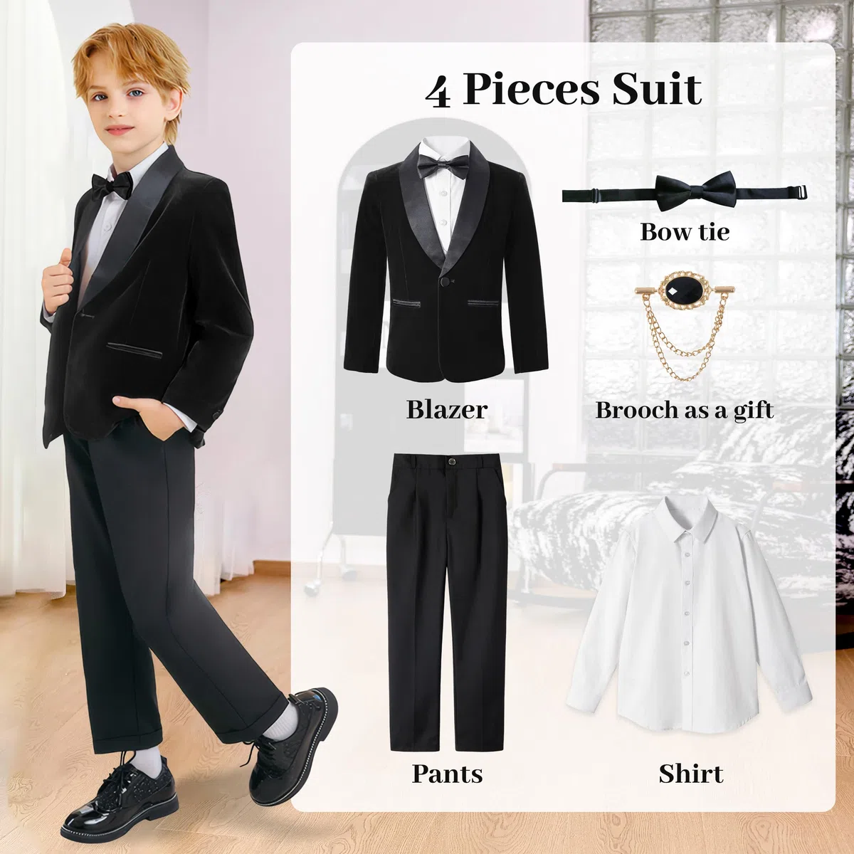 LOLANTA Abito di Velluto per Bambino, Set Formale in 4 Pezzi per Cerimonie, Matrimoni e Balli di Fine Anno con Blazer, Pantaloni, Camicia e Papillon