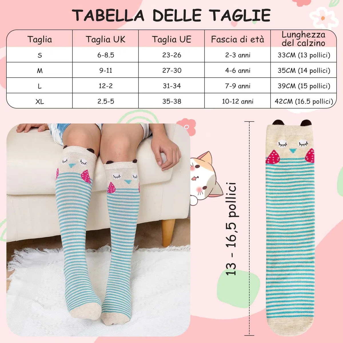 LOFIR Calzini Ginocchio Bambina Ragazze: Calze Lunghe Senza Cuciture in Cotone per Bimba - Calzettoni Gambaletto Invernali con Righe Divertenti Colorati Animali per Natale Regali 5 Paia 23-38