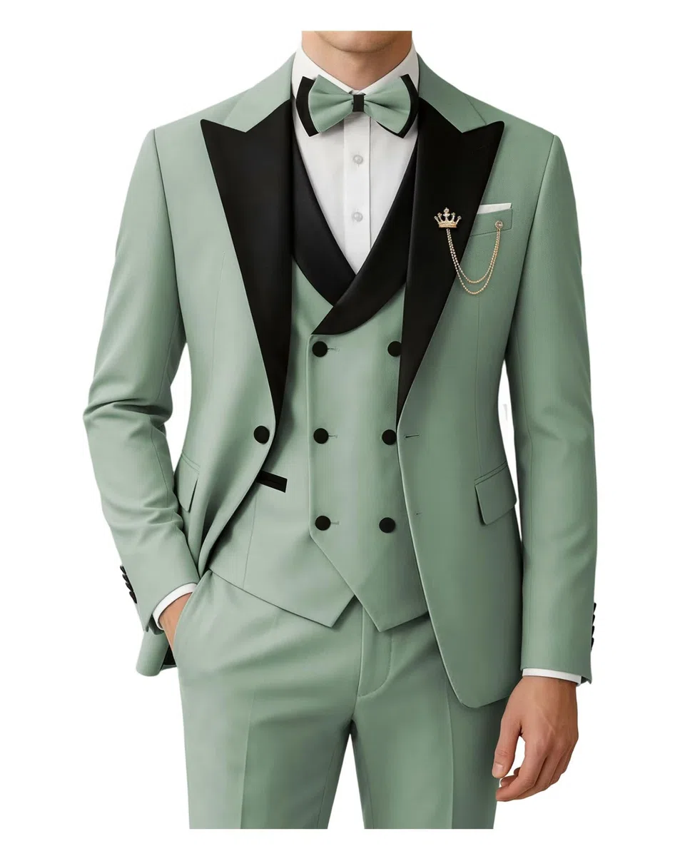 Smoking da uomo in 3 pezzi, vestibilità aderente, per matrimoni, balli, cene, doppiopetto, con papillon