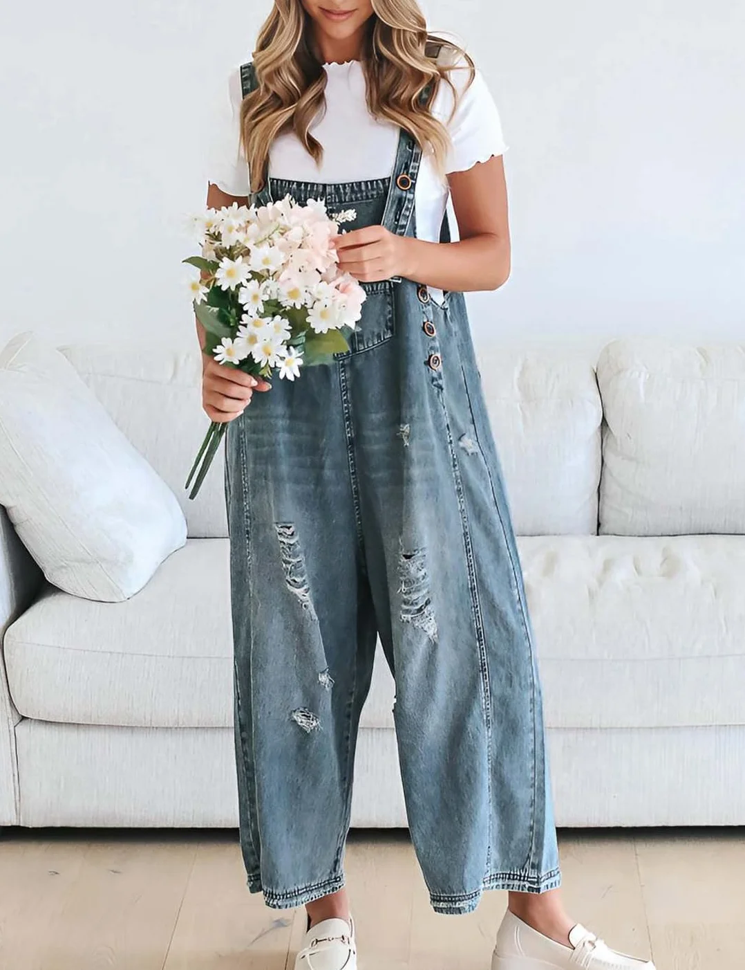 Tuta da donna vintage, casual, in denim, larga, larga, regolabile, con pantaloni
