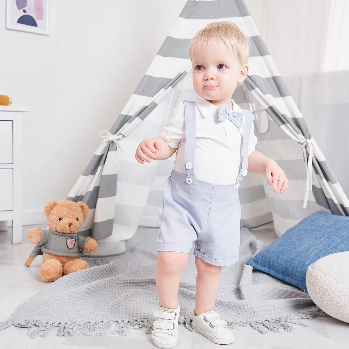 Gajaous Completi da Gentiluomo per Neonato, Pagliaccetto con Papillon a Manica Corta per Bambini + Pantaloncini con Bretelle