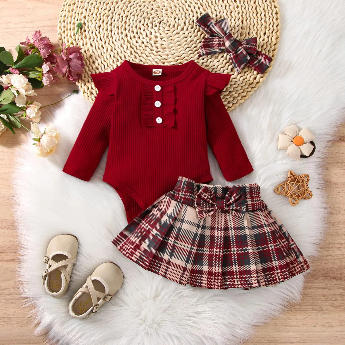 Abiti Gonna Set per Neonata Tutina con Volant a Maniche Lunghe + Gonna Scozzese con Fascia 3 Pezzi Autunnale Set di Vestitini Carini per Neonati