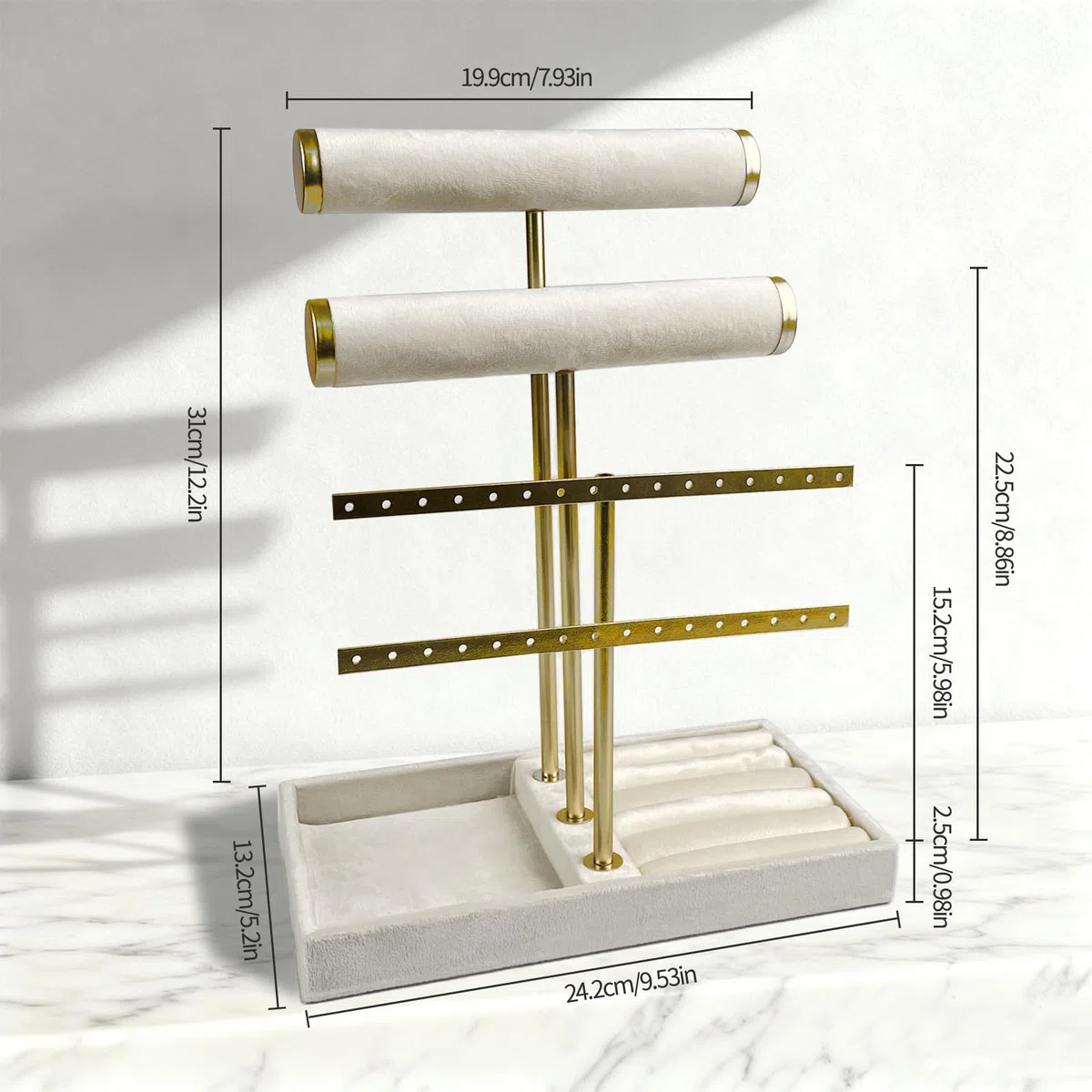 Supporto per Gioielli Bracciali con 4 Livelli, Porta Collane e Orecchini, Espositore, Rimovibile per Vassoio Anello in Velluto, per Braccialetto, Collana, Orologi, Anelli, Beige