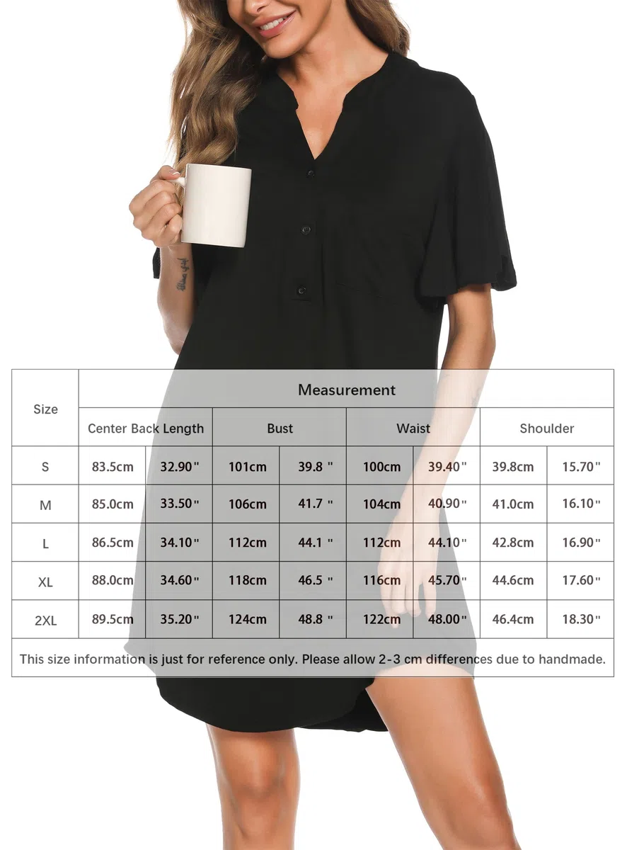 Wikoan Camicia da Notte Donna,Corto Vestito da Notte a Manica con Bottoni,Notte Donna con Tasche S-XXL