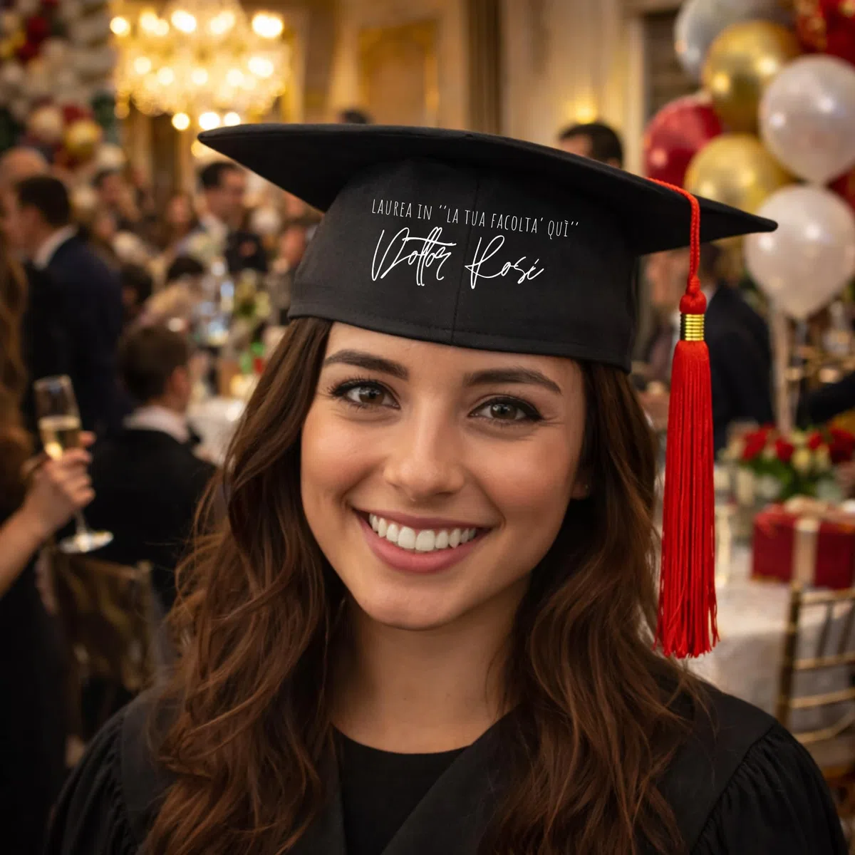 D&Vlab Tocco Cappello Festa di Laurea per Uomo Donna con Nappa Personalizzato con Cognome e Facoltà - Berretto Laureato Nero e Rosso in Medicina Laureato Ingegneria