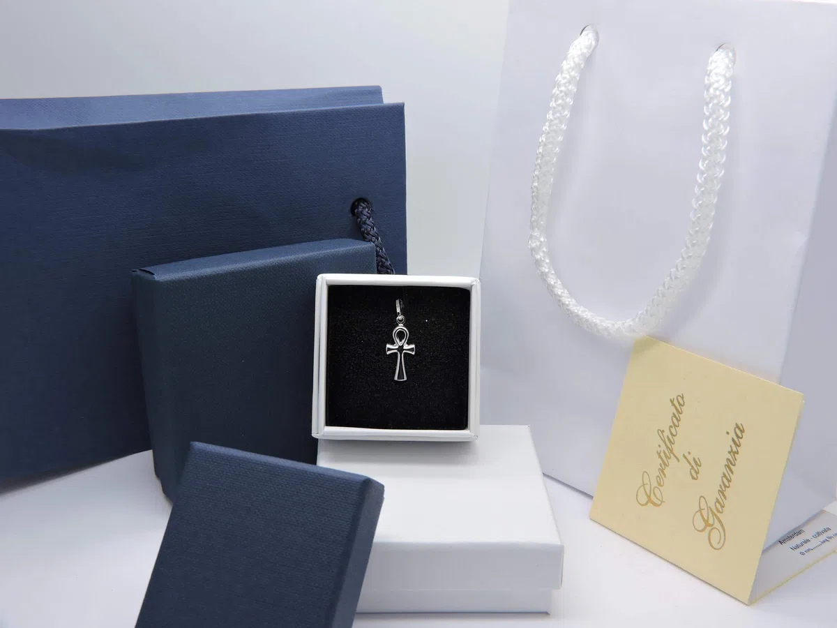 Ciondolo Oro Bianco 18kt (750) Pendente Piccola Croce della Vita Uomo Donna Bambini