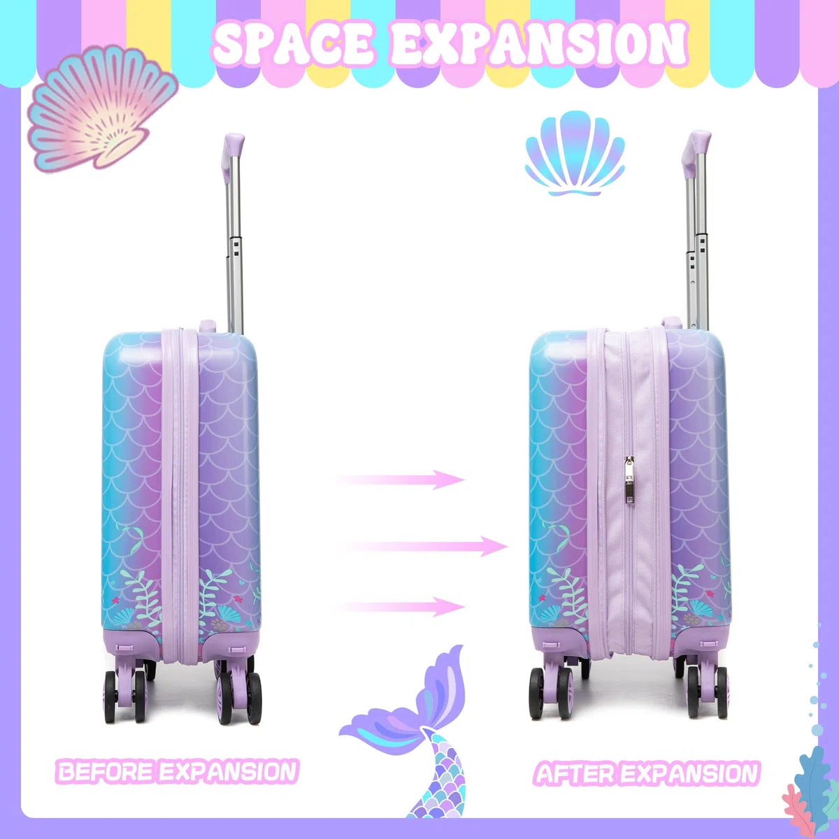 HTgroce 5 Set Valigie per Bambini, Zainetto Bambina, Cuscino per il Collo, Borsa per il Pranzo, Astuccio per Matite, Etichetta, Sirena Valigia con Ruote