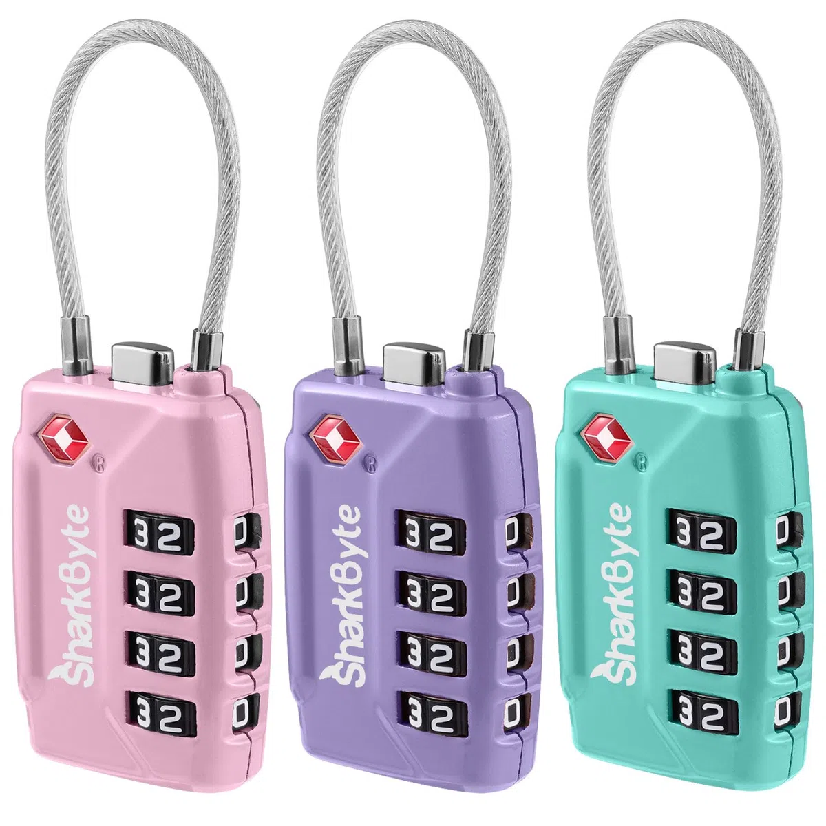 SHARKBYTE Lucchetti per valigia approvati TSA - Lucchetto di sicurezza da viaggio a 4 quadranti, lucchetto di viaggio con cavo flessibile per valigie, lucchetti per bagagli, custodia per borsa da