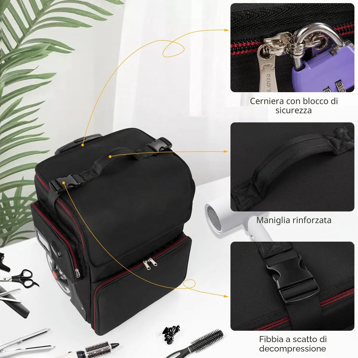 Grande valigetta cosmetica, custodia cosmetica per parrucchiere, borsa organizer per parrucchiere, isolamento termico, anti-scottatura, trolley con ruote, 1 trolley, Trolley per cosmetici extra grande