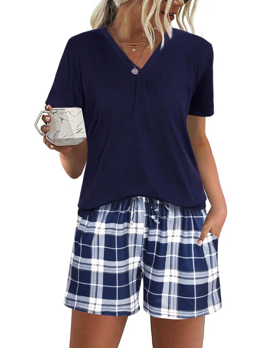 Pigiama Donna Estivo Pigiami da Donna Cotone Corto Set Due Pezzi Casual da Notte Casa con V Leggero e Morbido
