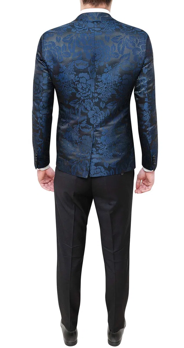 Abito Completo Uomo Blu Raso Damascato Floreale Smoking Elegante Cerimonia