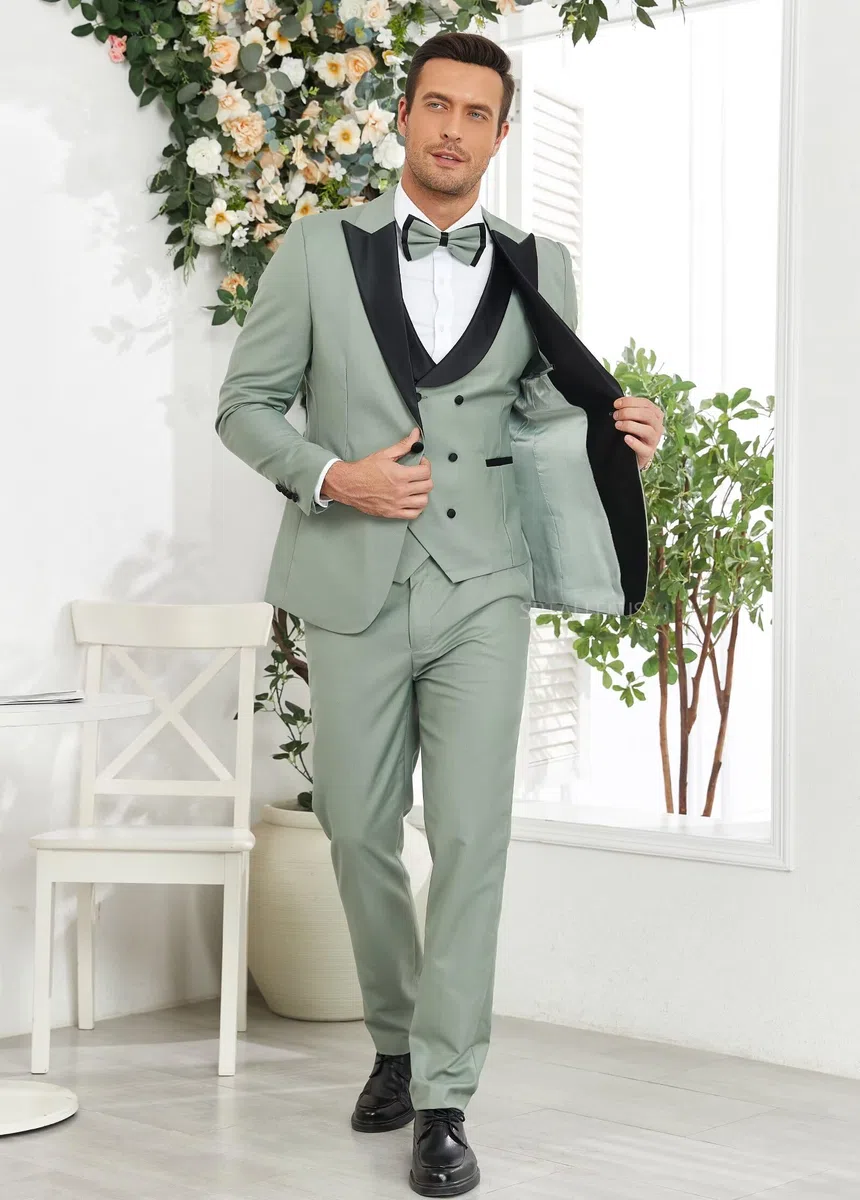 Smoking da uomo in 3 pezzi, vestibilità aderente, per matrimoni, balli, cene, doppiopetto, con papillon