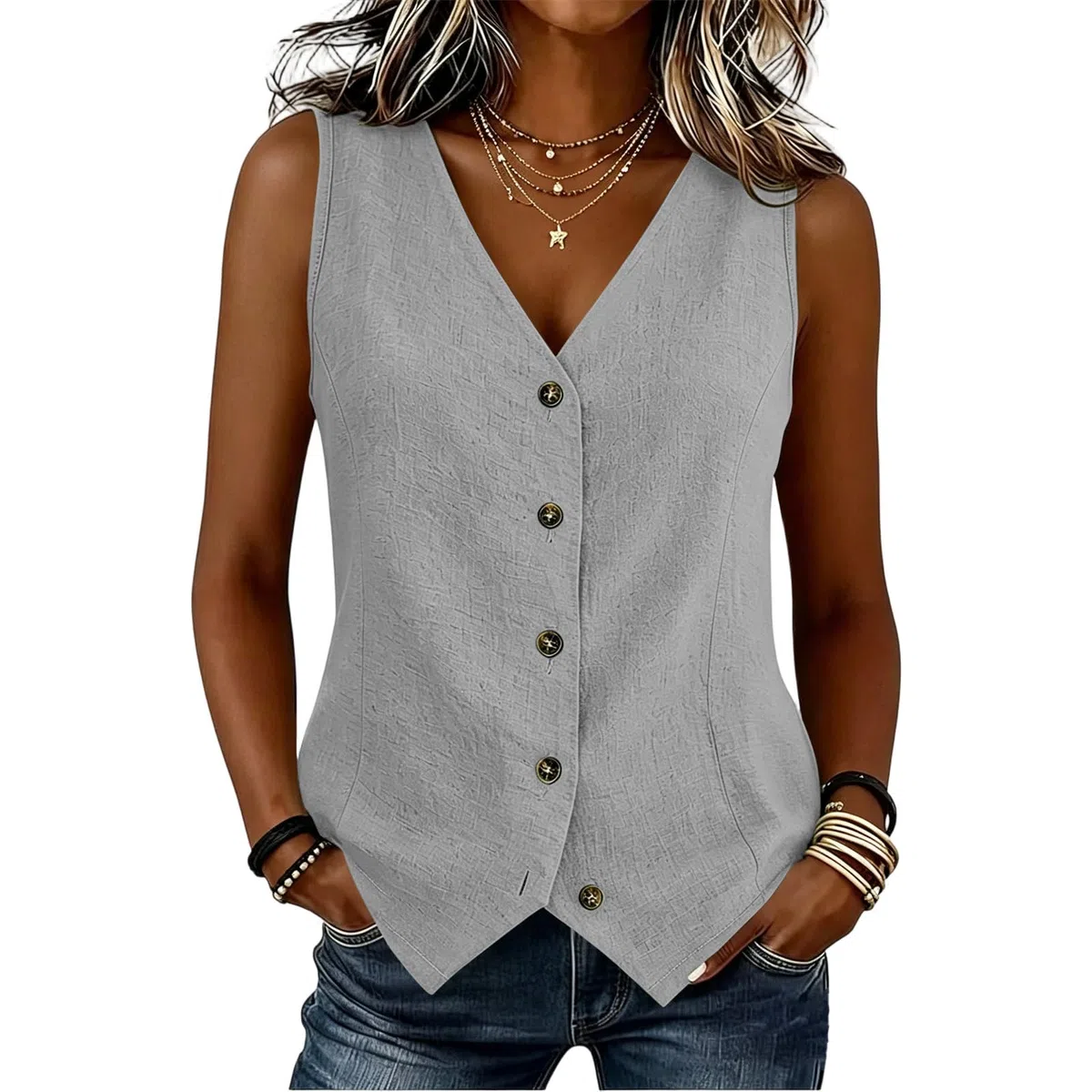 Gilet Donna Elegante Estivo Senza Maniche Gilet da Lavoro in Cotone Top Curvy Casual Chic Scollo a V con Bottoni Tendenze Primavera 2026 Perfetto per Ufficio Vacanze e Tempo Libero Taglie S-2XL