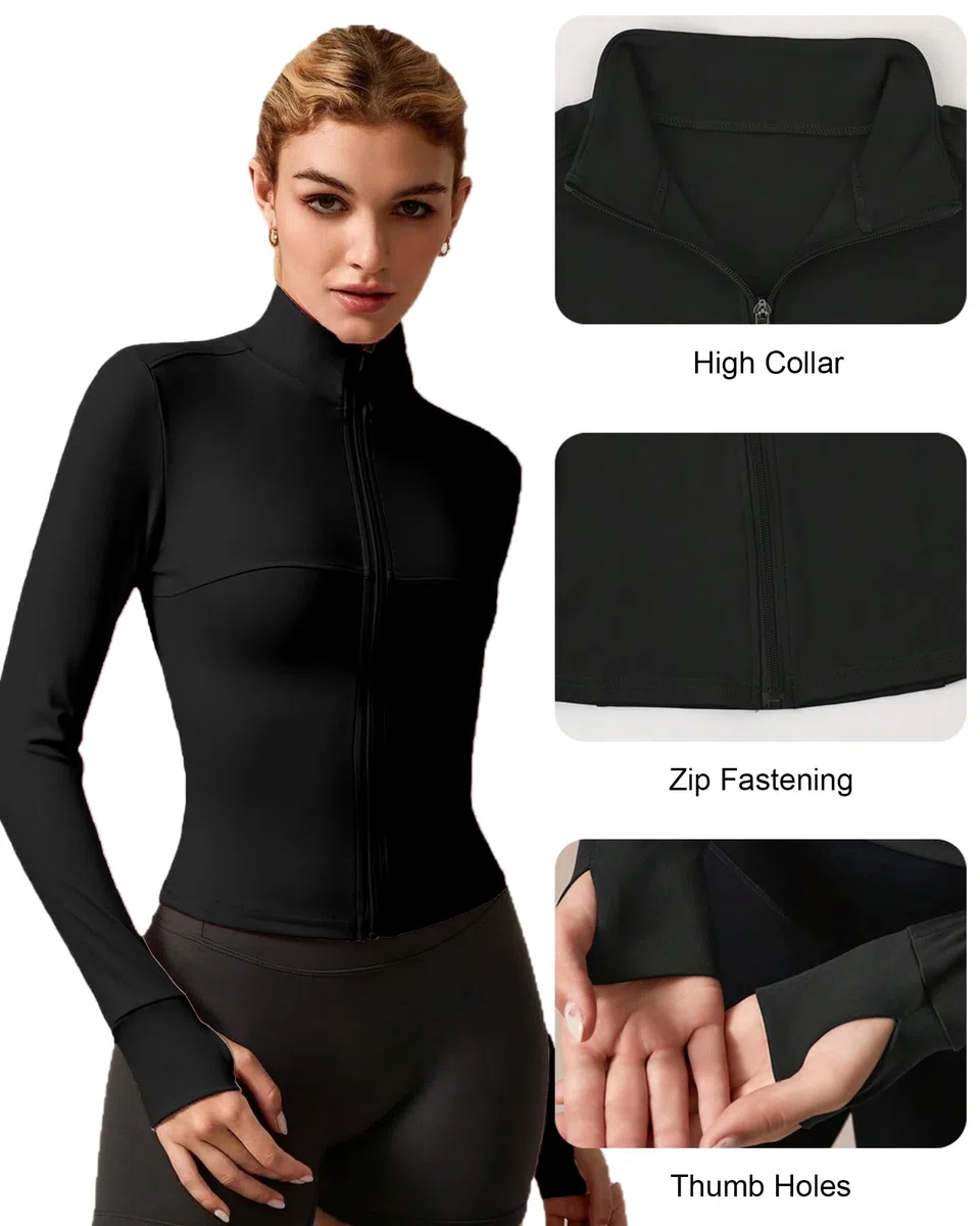 Giacca Sportiva Donna Maniche Lunghe Felpe Corsa Aderente Giacca da Invernale Leggera Giacca da Palestra Traspirante con Foro per il Pollice Giacche con Cerniere Top Fitness Jogging Running
