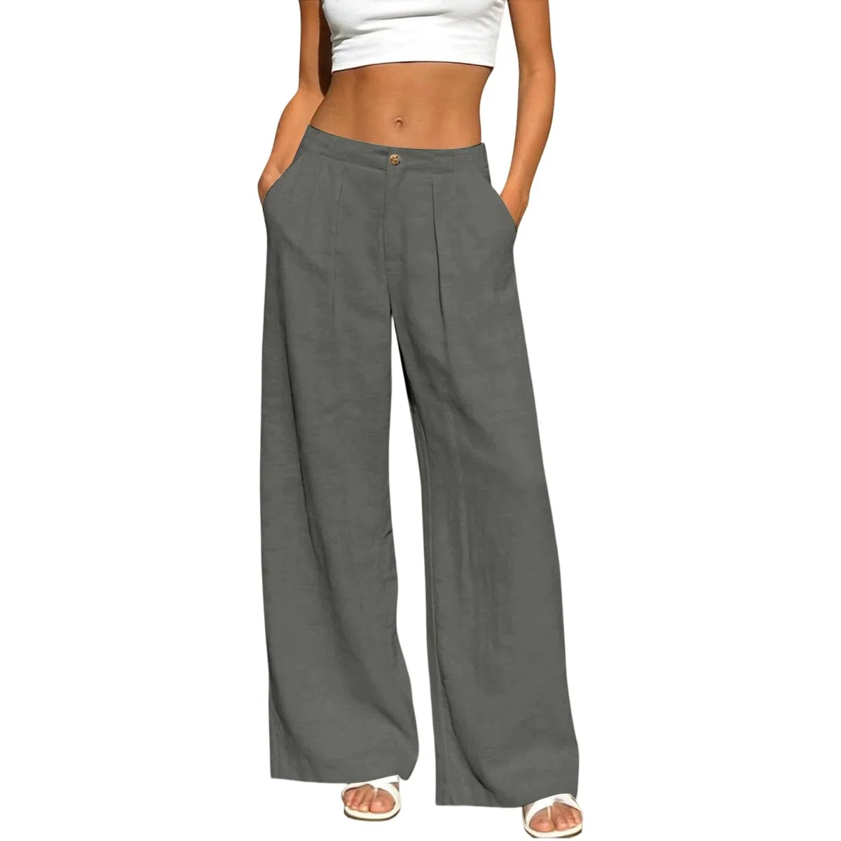 Pantaloni Donna Estivi Lino Pants con Tasca Taglio Dritto Pantalone a Gamba Larga con Elastico in Vita Freschi Comodi Abbigliamento Tinta Unita Solido Sciolto Vacanze Mare S-XXL
