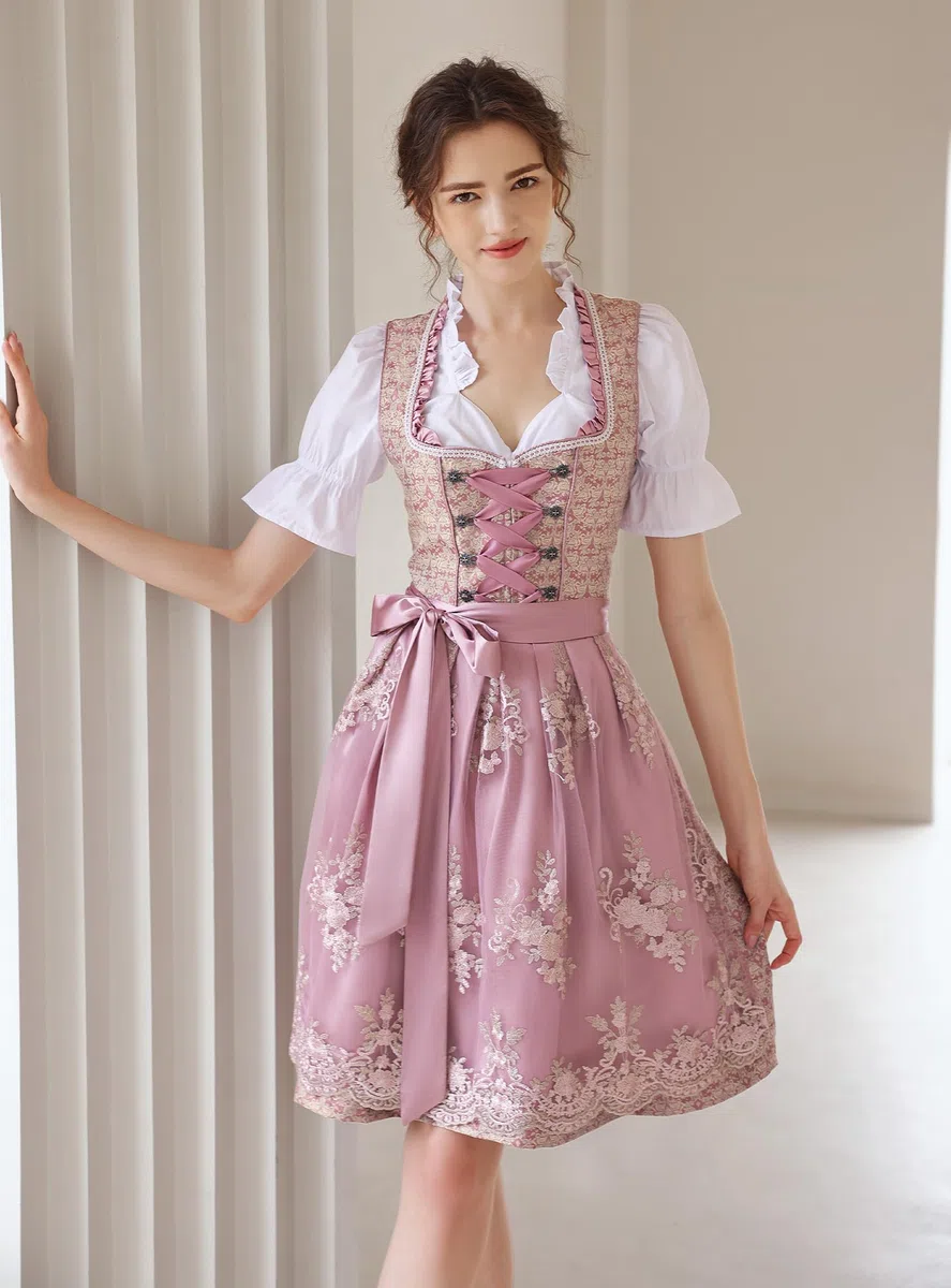 EIISSION Dirndl da Donna Midi in Esclusiva Collezione con Grembiule Rosa