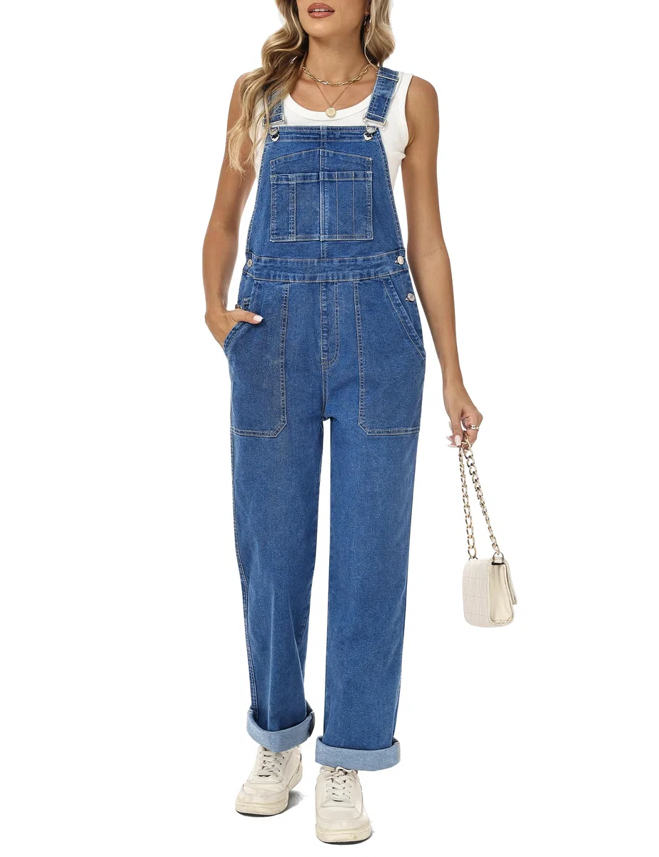 Fengbay Salopette da donna in denim, tuta da donna in denim, con spalline regolabili, casual, ampia, con tasche