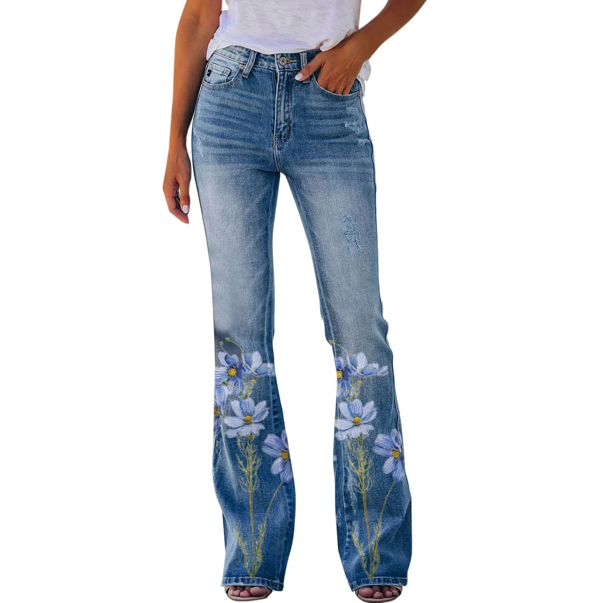 Generisch Pantaloni da donna con motivo stampato, orlo svasato, jeans, elasticizzati, parte inferiore svasata, ciclismo, abbigliamento da donna