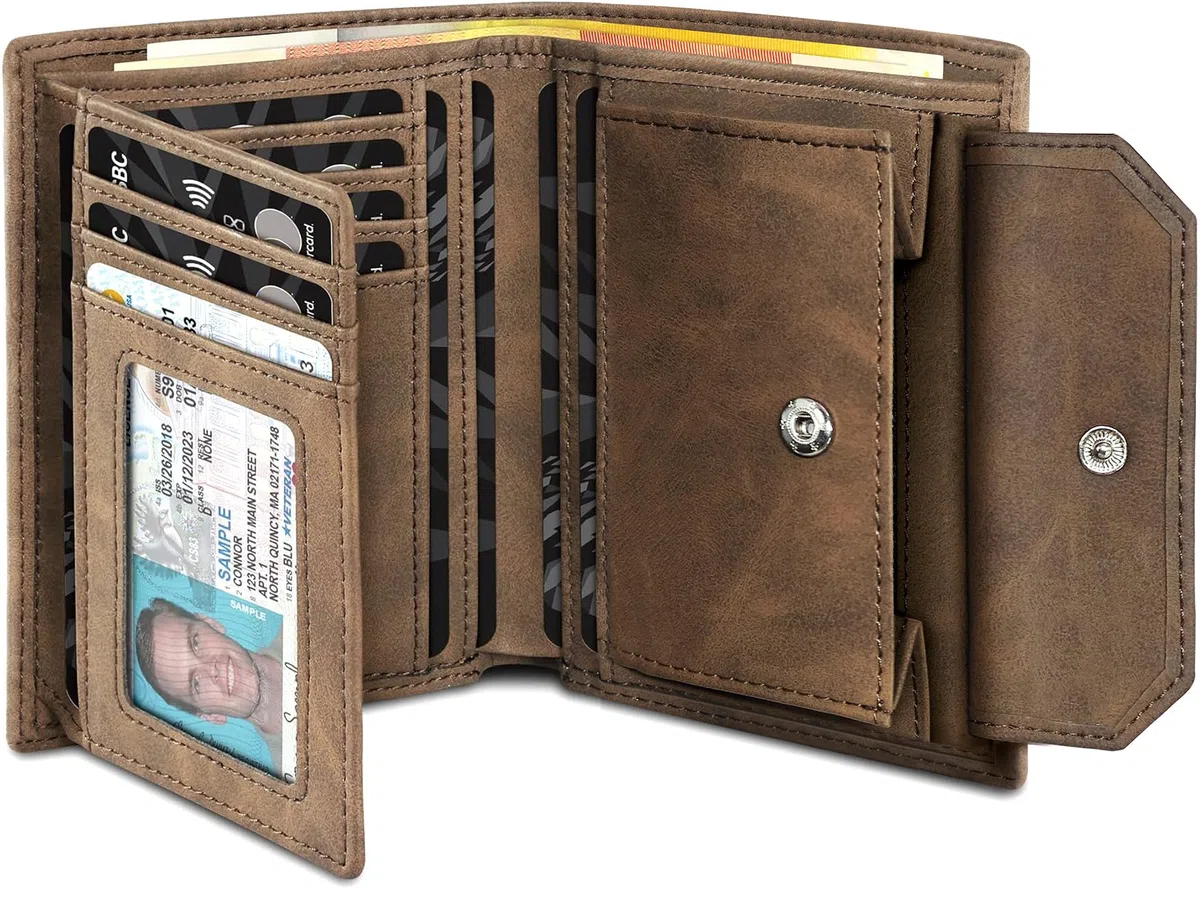 TENBST Portafoglio Uomo RFID Blocking Pelle con 13 Porta Carte di Credito, 1 Finestra ID & Slot per Foto, Portamonete, 2 Scomparti Banconote, Regalo Uomo (Marrone)