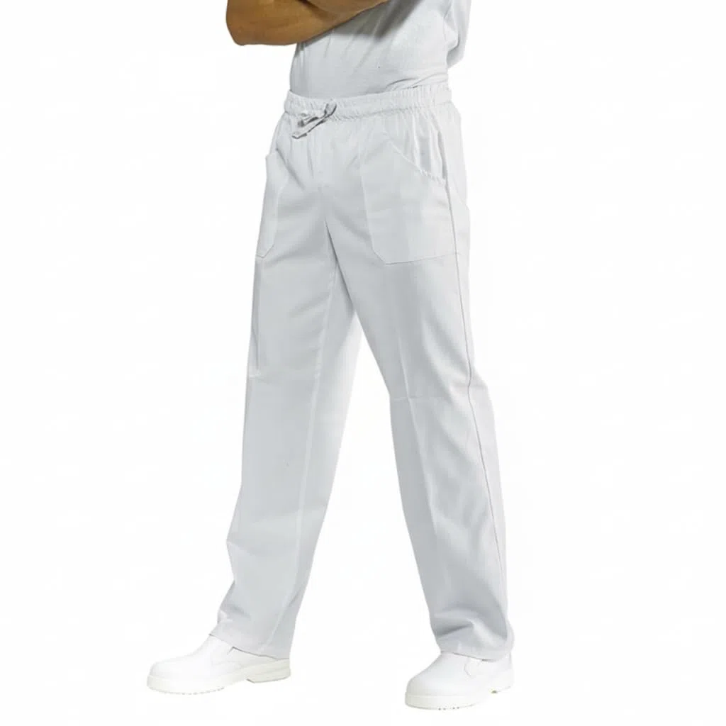 Pantaloni da Lavoro Unisex, Elastico in Vita, Bianco, per Personale Medico e Sanitario, Cucina, Regular-Fit