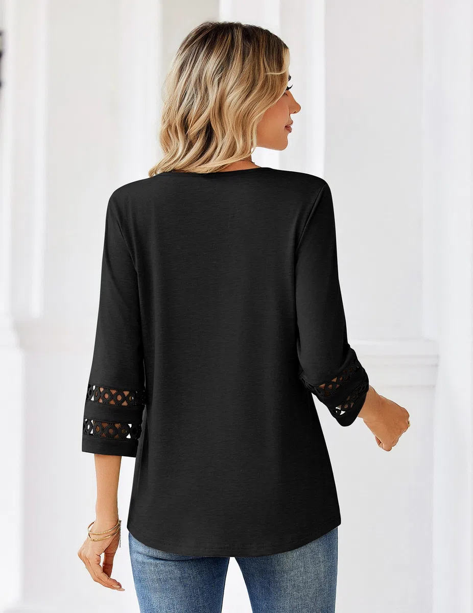 Zeagoo Camicia Donna Elegante Maniche 3/4 Camicie Scollo a V Camicetta Traforato Blusa Estive Ampia Tunica Top S-3XL