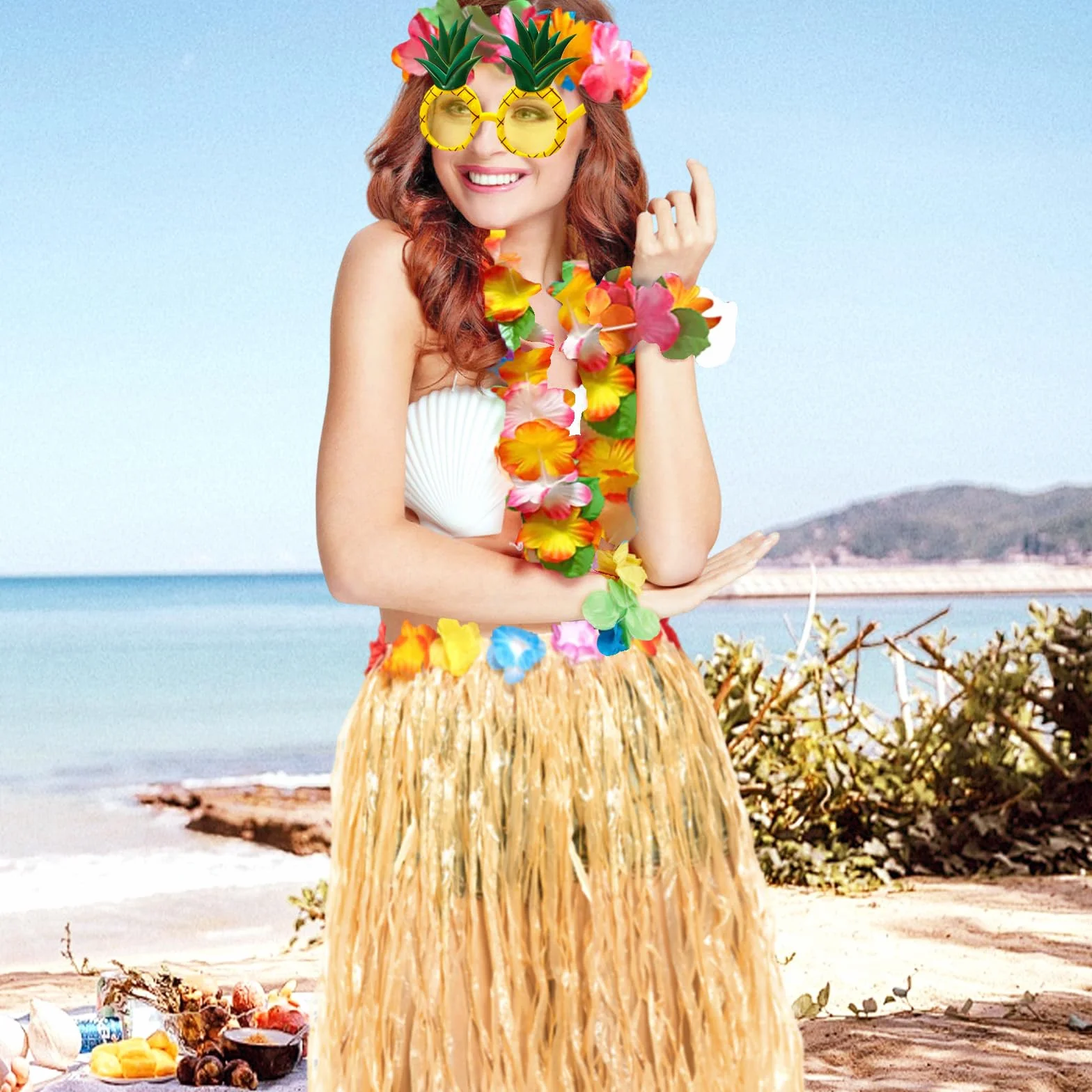 6 decorazioni hawaiane Leis per feste, collane con fiori, bracciali, fascia per capelli, occhiali da ananas, gonna hawaiana per adulti, travestimento per feste in spiaggia, feste notturne e