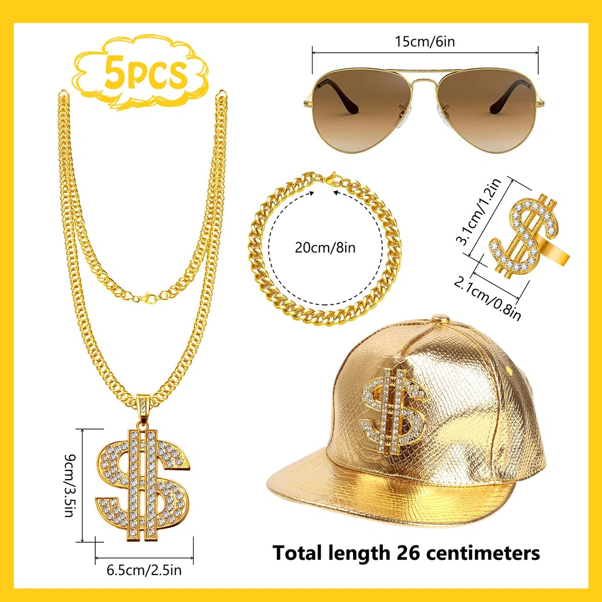 Vestiti anni 80 and anni 90 accessori 5 pezzi set collana dollaro bracciali anelli occhiali da sole cappelli Adatto per vestire il Martedì Grasso accessori anni 80