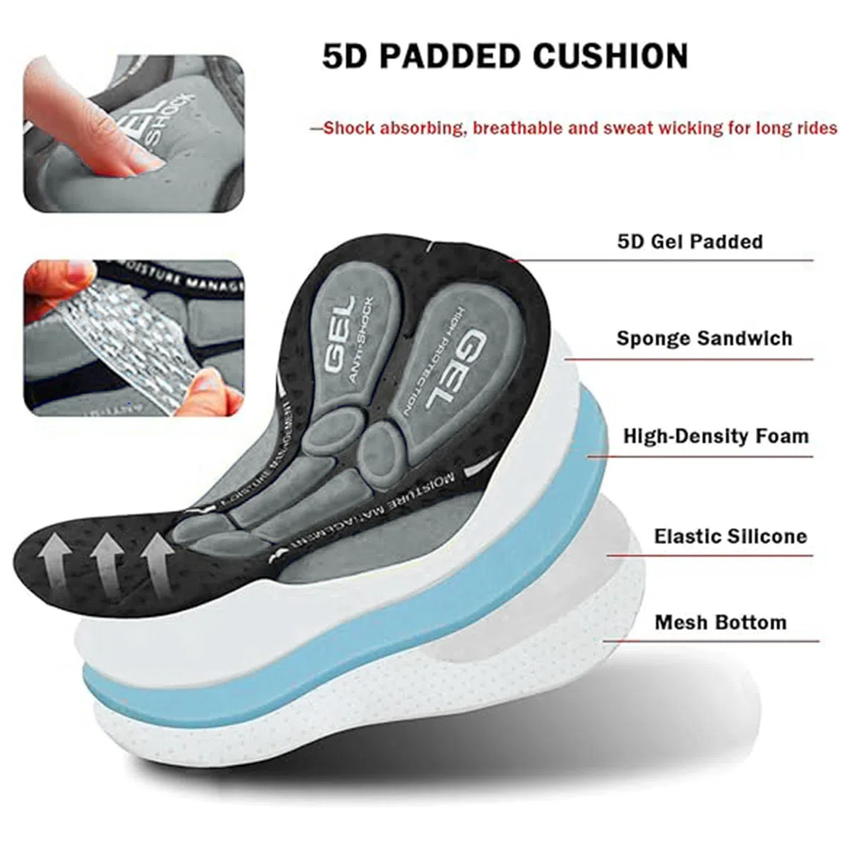 NuCamper Uomo Pantaloncini da Ciclismo Imbottiti con Elastico 5D Gel Seat Pad Resistente agli Urti Asciugatura Rapida Traspirante Pantaloni da Ciclismo Intimo da Bicicletta