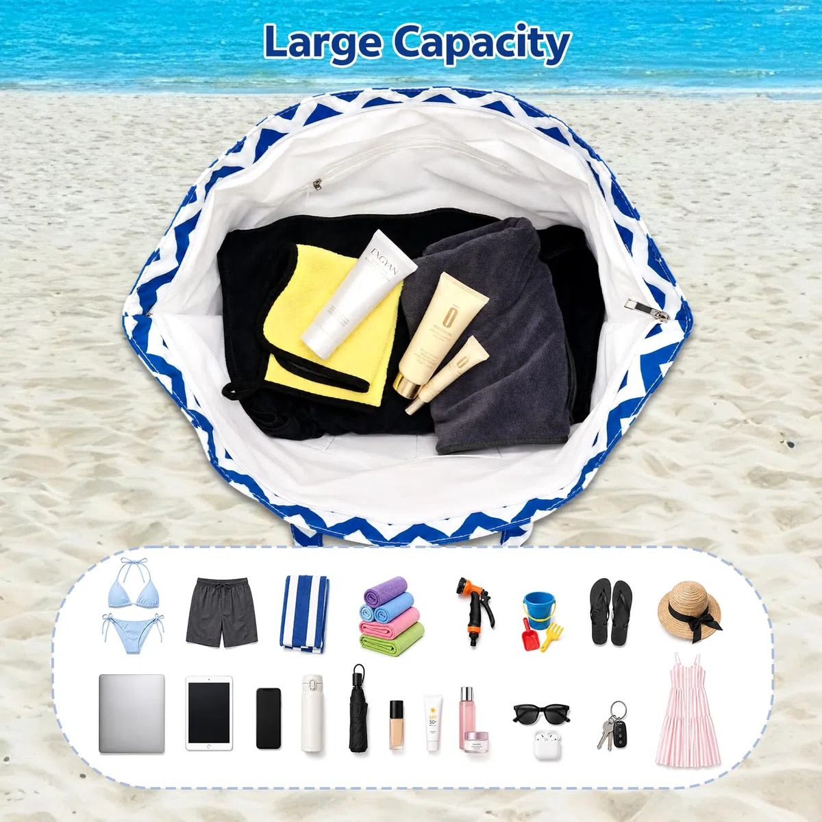 Zocipro Borsa da Spiaggia Impermeabile con Zip – Grande 45L XXL per Famiglia, Pieghevole e Leggera, Ideale per Spiaggia, Viaggio, Vacanza e Piscina
