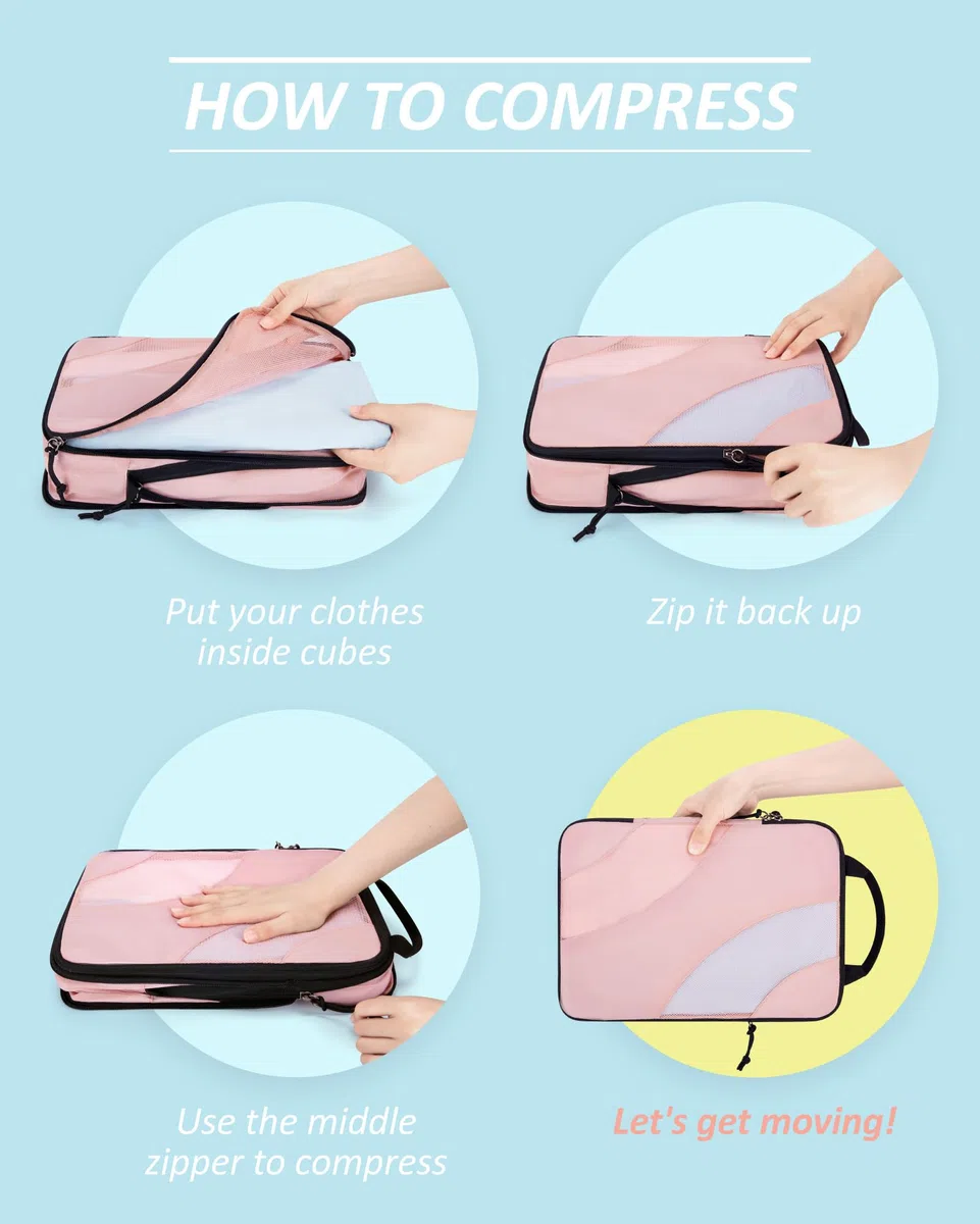 Compressione Packaging Dadi per Viaggi, BAGSMART 6 Set Viaggio Imballaggio Cubo per Valigia Compressione Valigia Organizer Bag, Colore: rosa., 4 pezzi