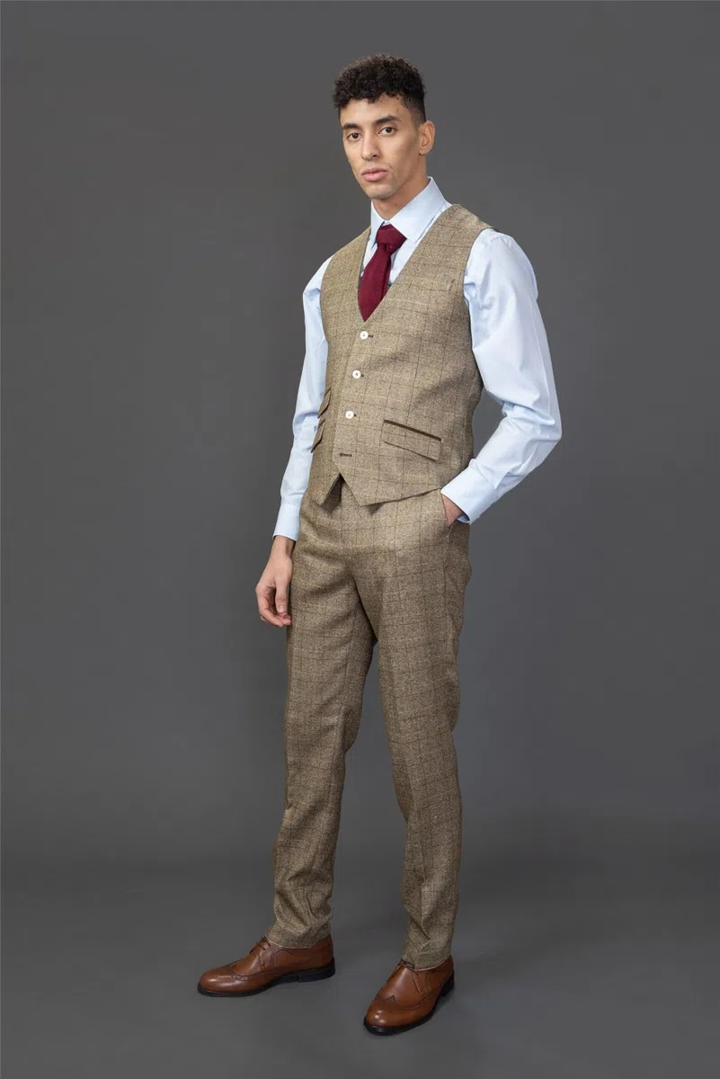 Abito da uomo 3 pezzi marrone a quadri slim fit abito formale