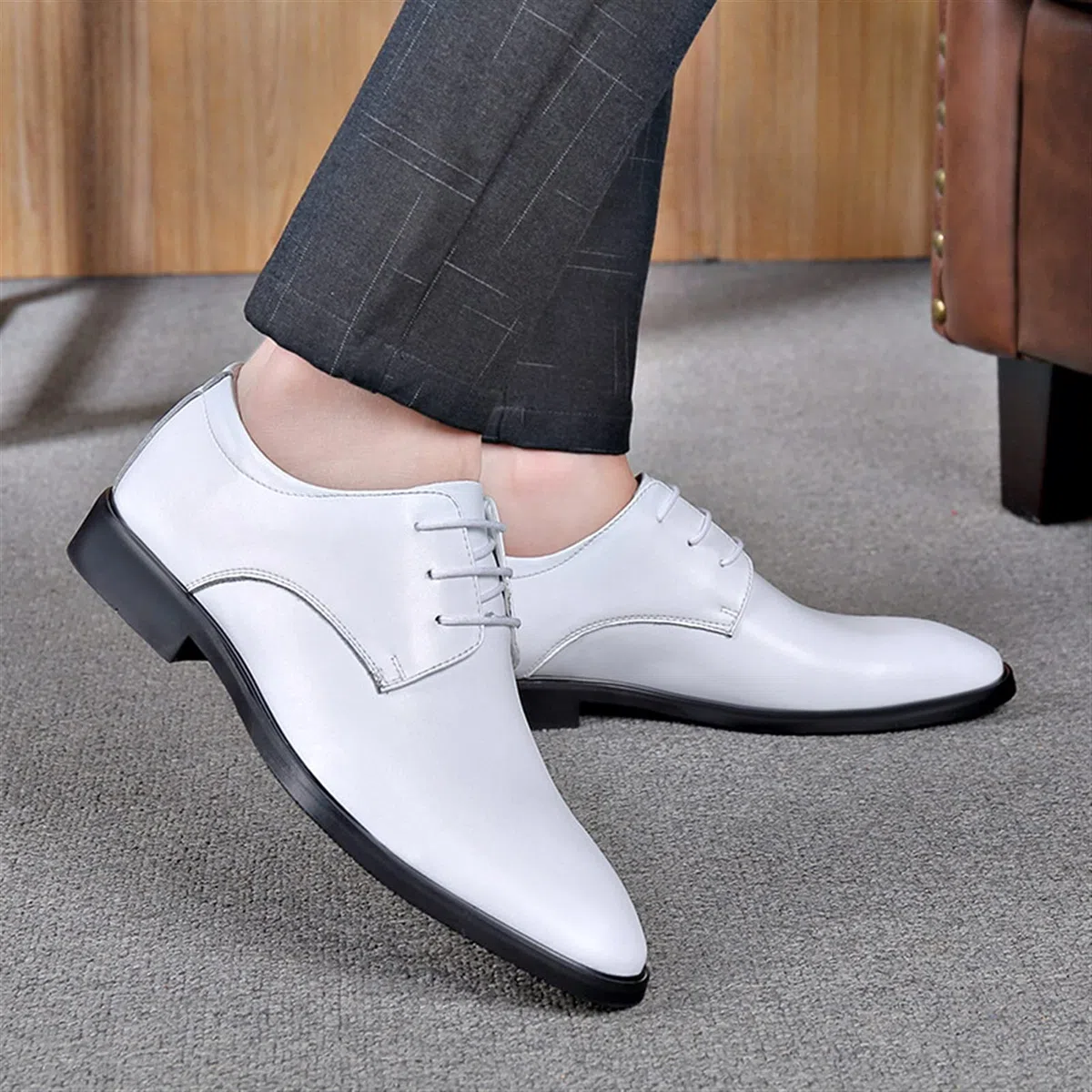 LEWGEL Scarpe Eleganti da Cerimonia per Uomo Derby Stringate in Vera Pelle Punta Tonda Antiscivolo Tacco a Blocchi Suola in Gomma per Party