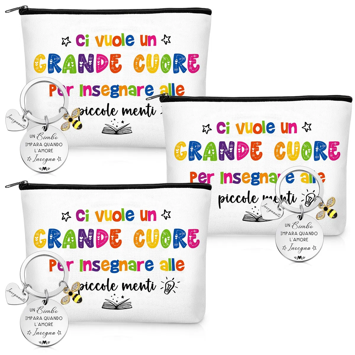Xuniea 3 Set di Regalo di Apprezzamento Insegnante Borse per Cosmetici per Maestre Portachiavi per Insegnanti Idee Regalo di Laurea Grazie e Addio per Maestre di Scuola Infanzia Primaria (Libro)
