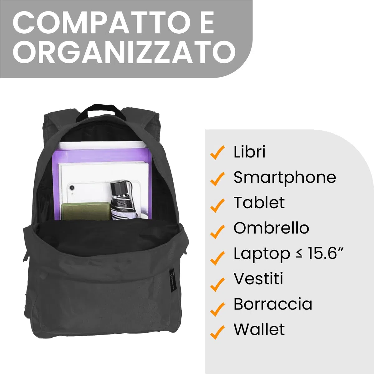 TECHMADE Zaino Leggero e Multifunzione per Laptop fino a 15" – Casual Ergonomico, Ideale per Scuola, Lavoro e Viaggi (Ryanair EasyJet) 40x15x30 cm– Spallacci Regolabili e Tasche Multifunzione (nero)