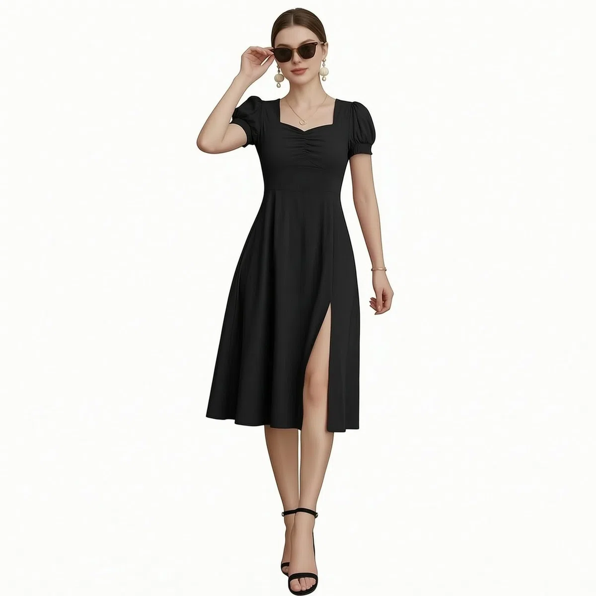 Vestiti Donna Estivi Eleganti Leggeri Manica Corta Vita Alta Abito Midi A Line con Scollo Quadrato e Spacco Laterale
