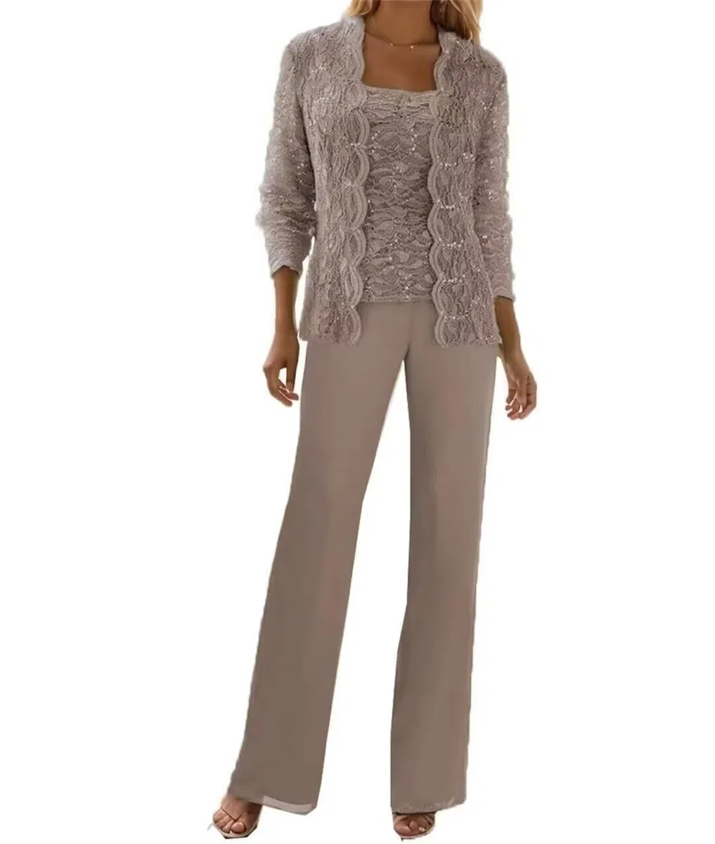 3 Pezzi Pizzo Chiffon Madre della Sposa Pantaloni Abiti con Giacche Paillettes Abiti da Sposa per Le Donne