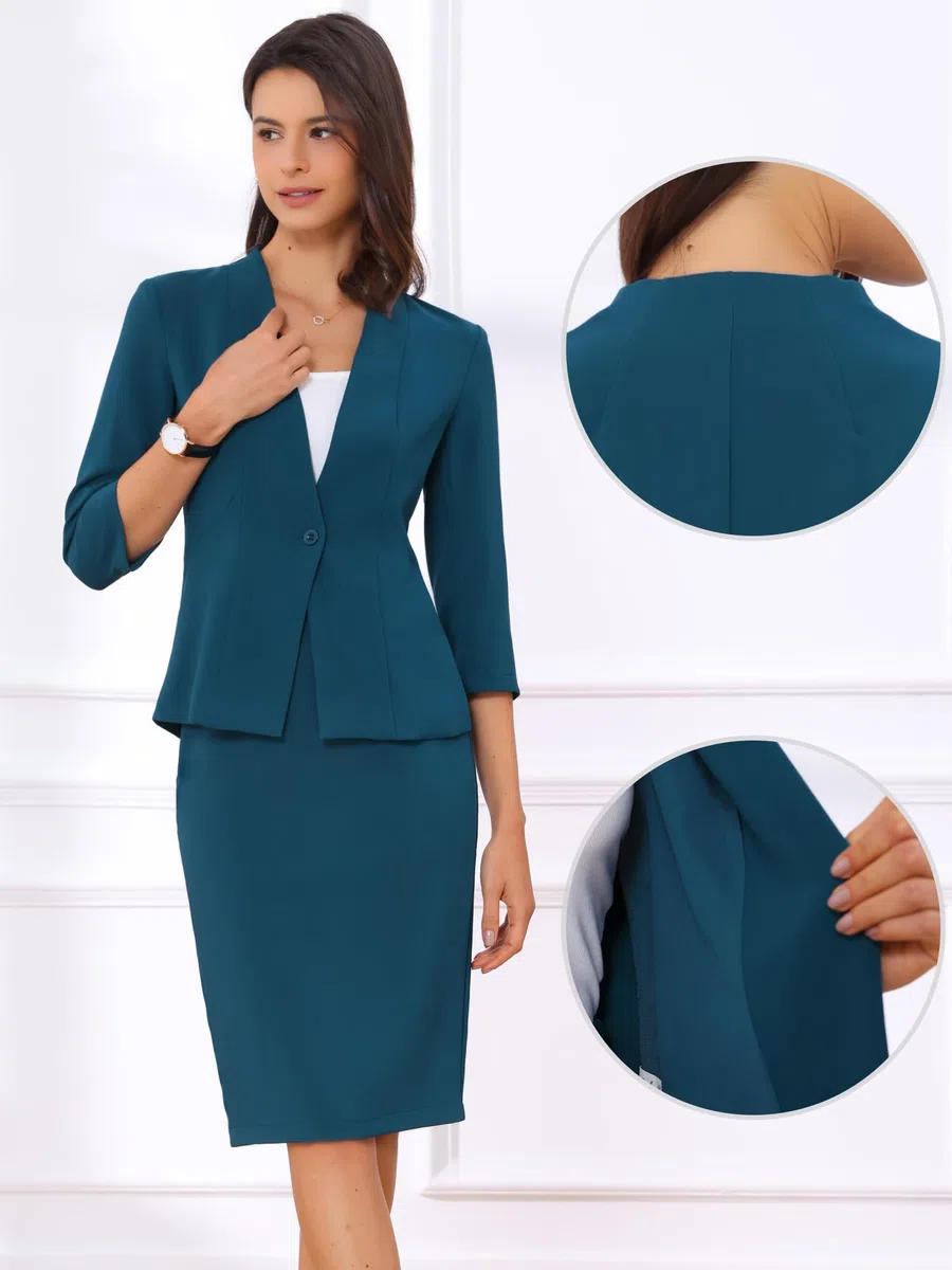 Allegra K Donna Set Gonna da Lavoro per Gonna A Tubino Blazer Senza Colletto in 2 Pezzi da Ufficio