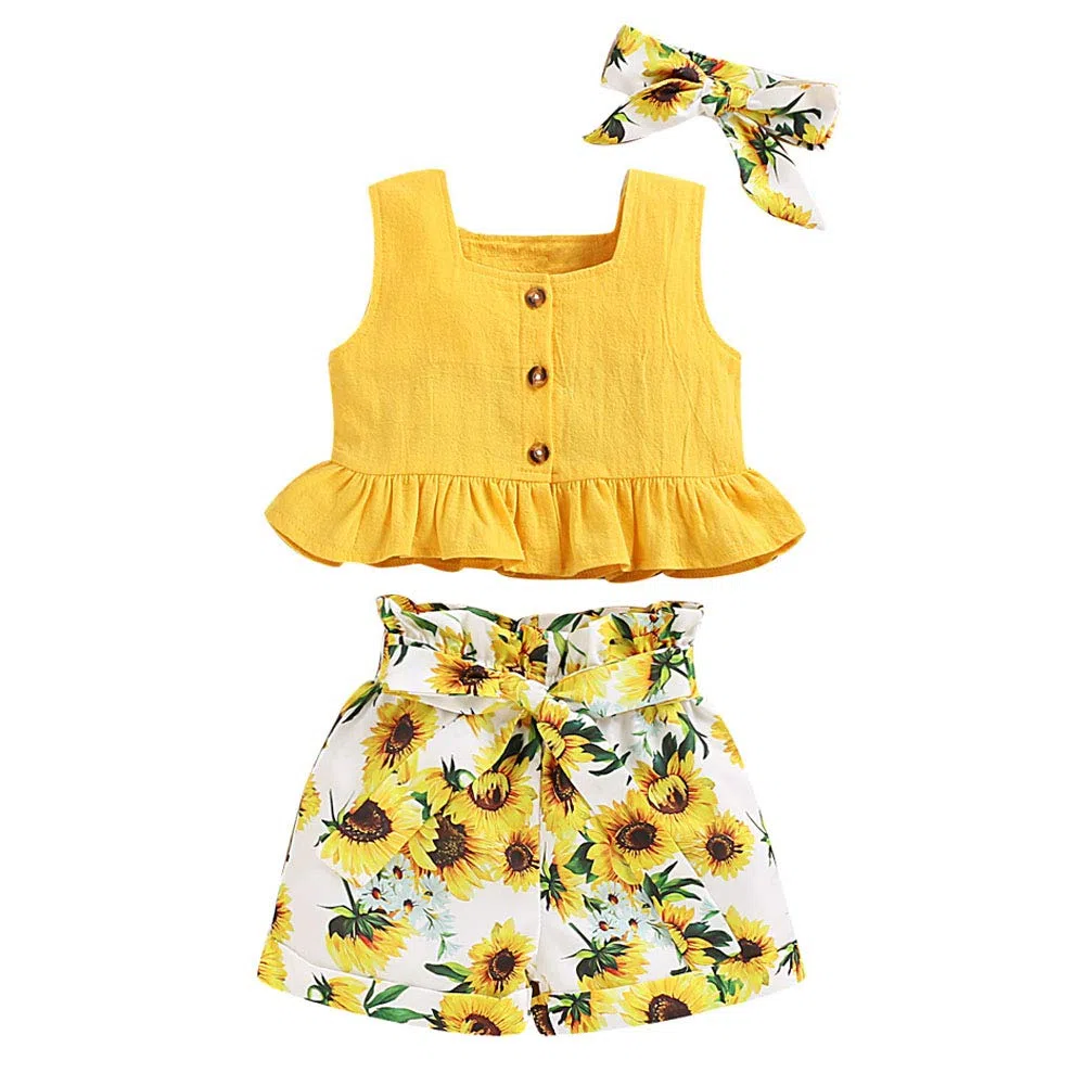 ANUFER 3pcs Ragazza Bambini Set di Abbigliamento Luminoso Giallo Girasole Bambina Outfits Canottiere + Pantaloni Corti + Fascia per Capelli