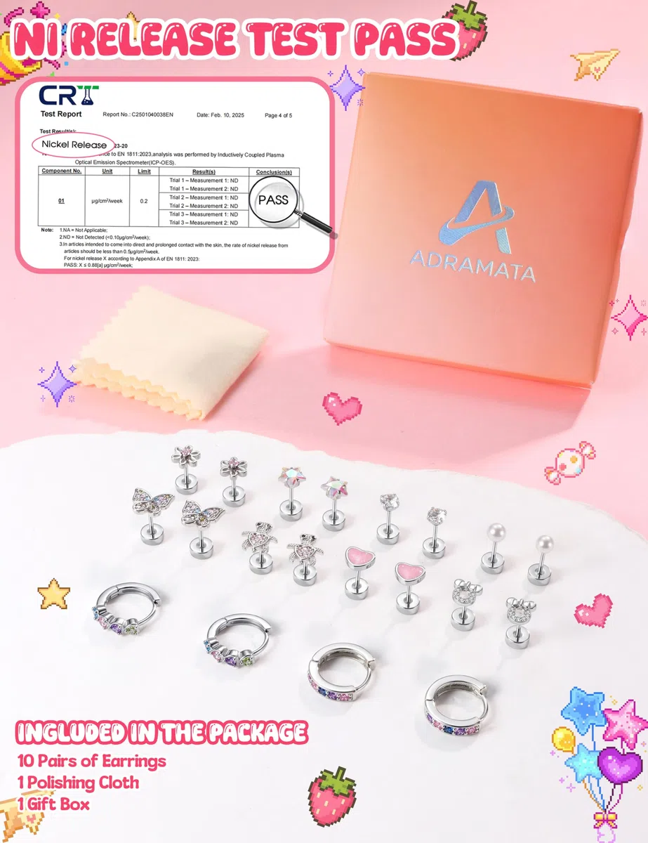 Adramata 10 Paia Orecchini Bambina Anallergici Set Orecchini Acciaio Inossidabile Piccoli Orecchino a Cerchio Argento/Oro 14K Orecchino a Bottone Fiori Farfalla Zirconi