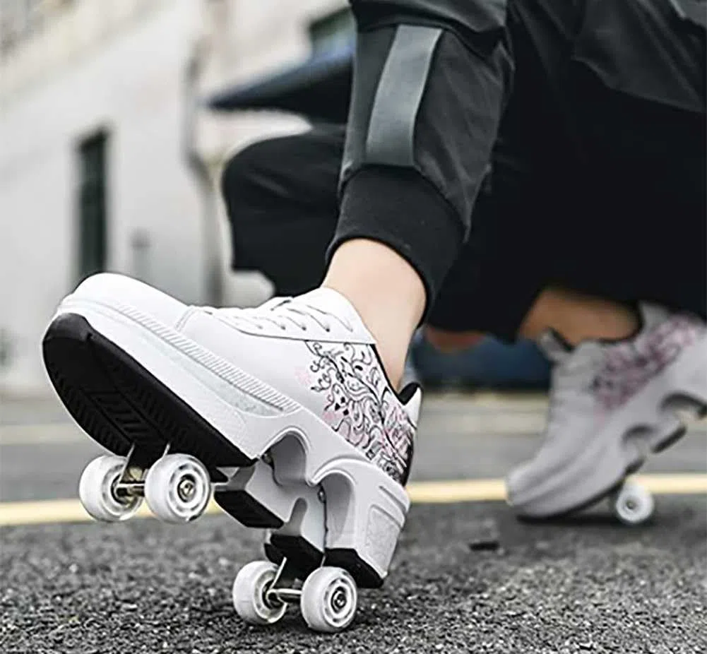 Scarpe da ginnastica con ruote, per bambini, skateboard, scarpe da ginnastica multiuso 2 in 1 pattini, scarpe da ginnastica Quad Rued Sneakers alla moda, regalo di compleanno per bambini e ragazze