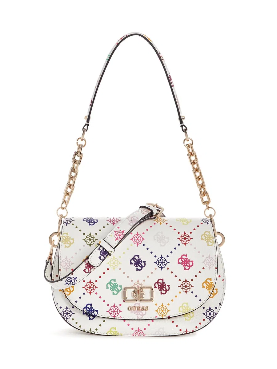 GUESS borsa a tracolla Emelie Logo Flap Shoulder Bag Multi Logo bianco