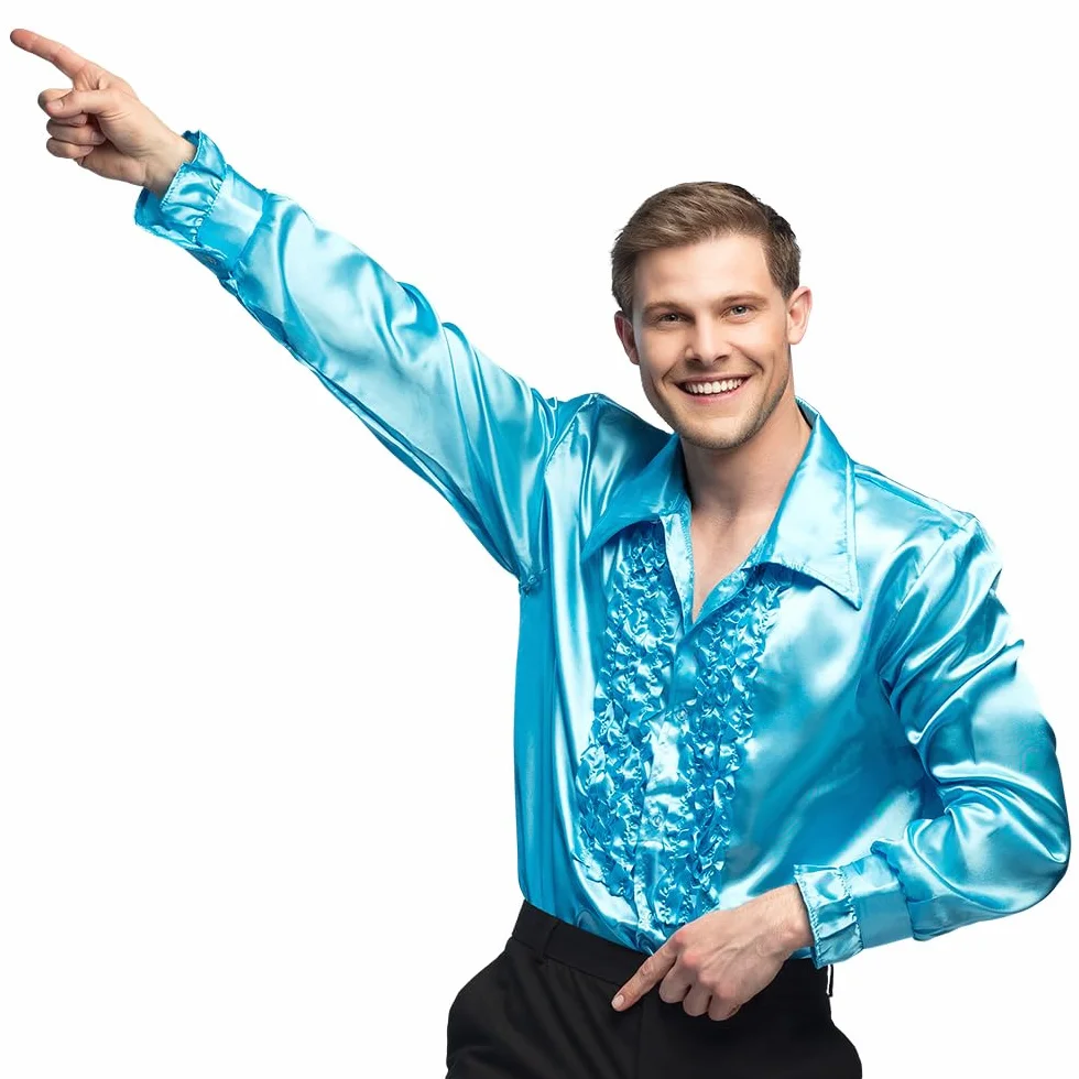 Boland - Camicia da discoteca con volant, turchese, da uomo, costume, camicia da festa, movimento Schlager, anni '70, festa a tema, carnevale, carnevalata