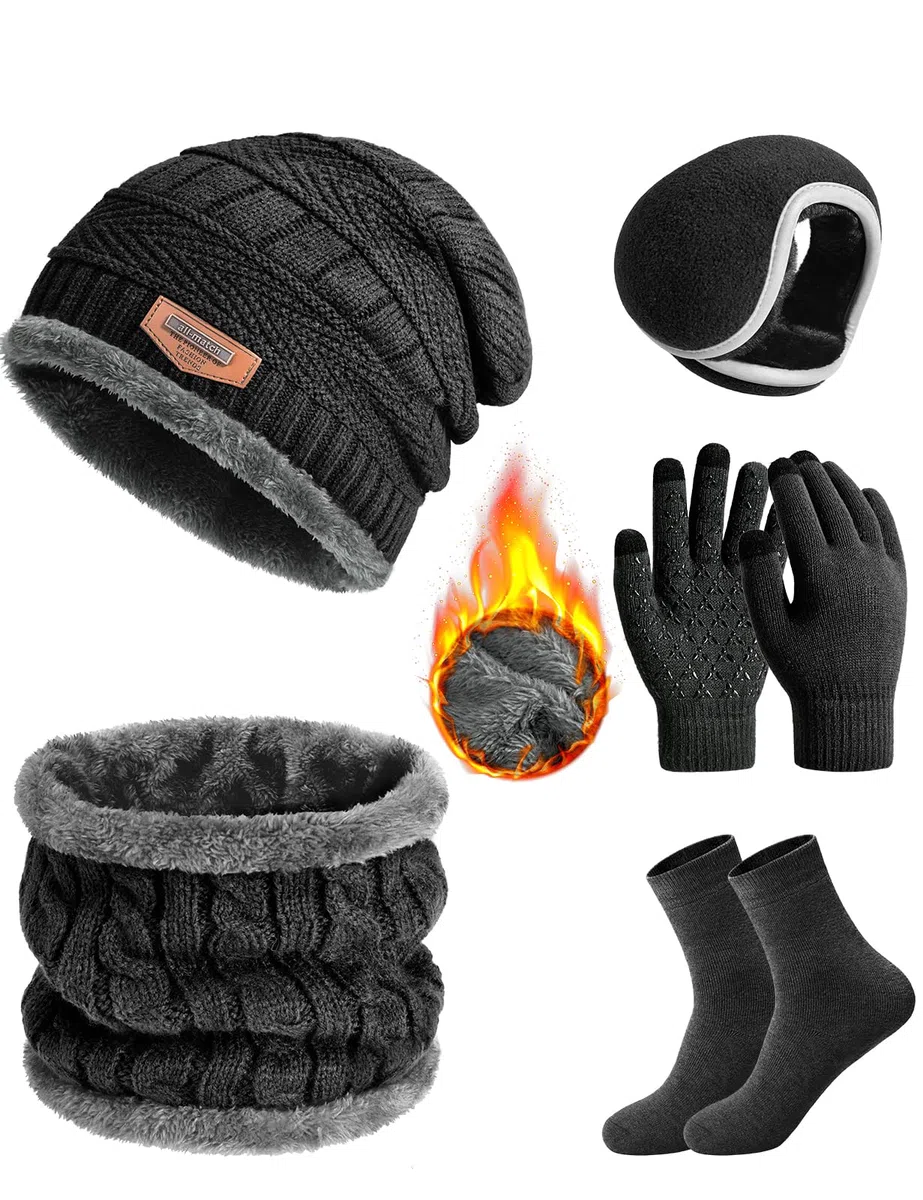 Cappello Invernale Uomo Sciarpa Touch Screen Guanti Paraorecchie Calzini 5 Pezz,Caldo Antivento e Berretto Invernale Scaldacollo Set Regali Invernali